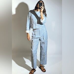 BNWT ZARA 2 PEICES SET EMBROIDERED ROUND NECK JACKET (S) & ANKLE PANTS BLUE (XS)